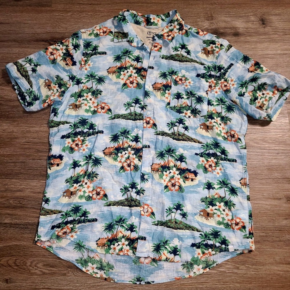 Chaps men XL Seacoast Wash Button Shirt short sleeve Tropical Linen blend